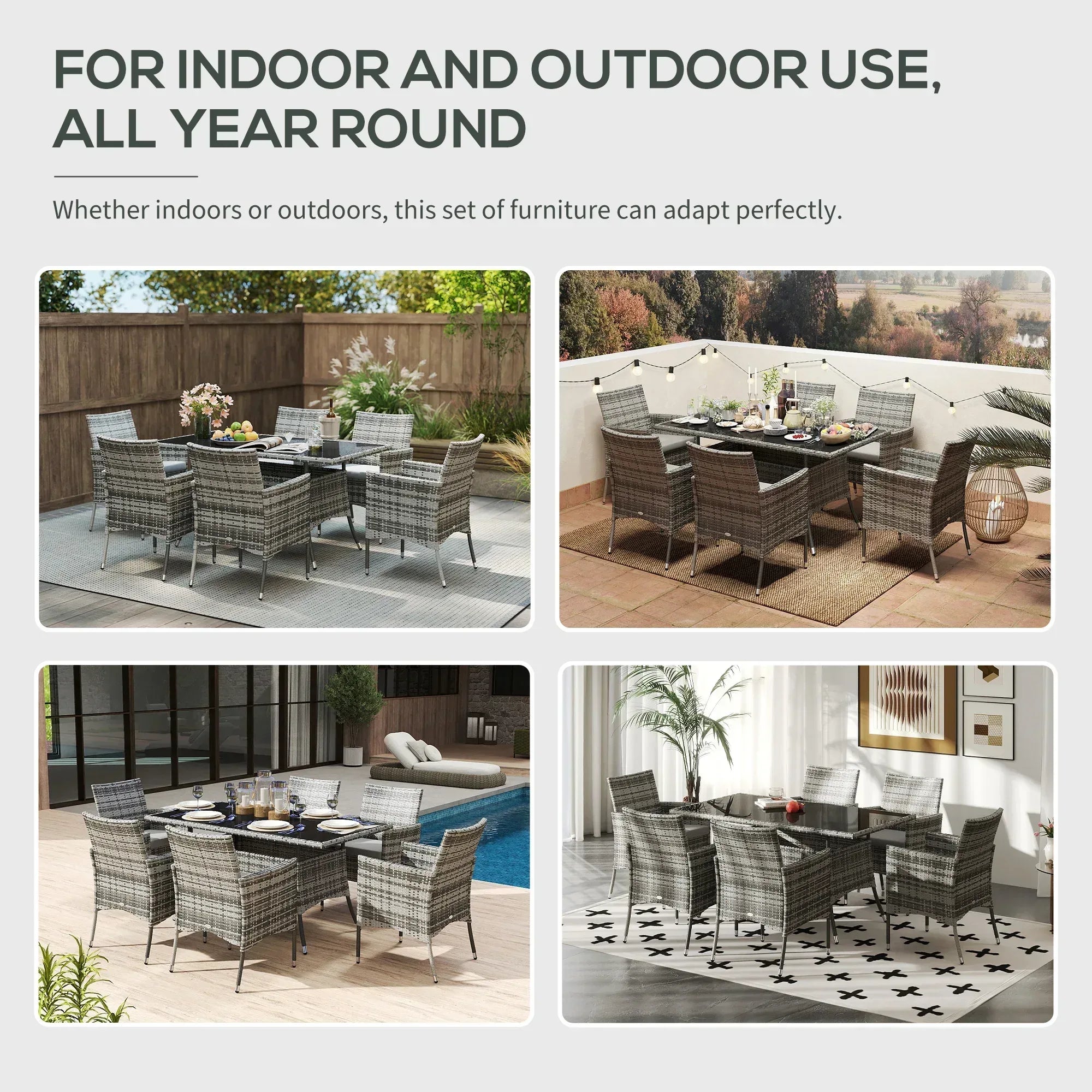 7-Piece Rattan Garden Furniture Set with Cushions, 6 Seater Garden Table and Chairs, Rattan Dining Set with 6 Armchairs, Rectangular Glass Top Table, Grey - Bobobiy