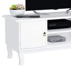 White TV cabinet with open media shelf and side storage door