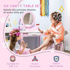 Pink kids vanity table set with round mirror, two children playing