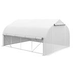 White walk-in polytunnel greenhouse tent with roll-up side door and metal frame