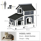 Grey wooden cat house with dimensions shown, arched windows, raised platform, roof
