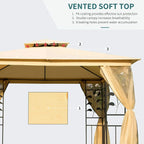 Beige double-roof gazebo with vented soft top and hanging side net curtains, steel frame