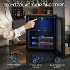 Black wine cooler with touch control panel and blue-lit interior visible through glass door.