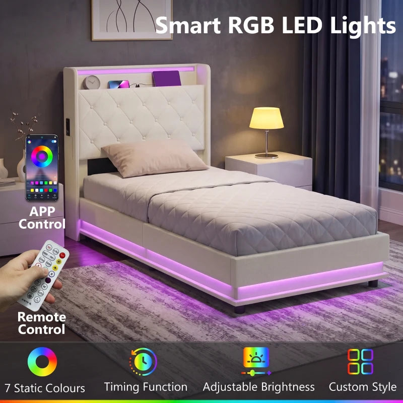 Cream single bed frame with tufted headboard, RGB LED strip lighting, remote control