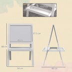 Kids art easel with white frame, showing front and side views and dimensions