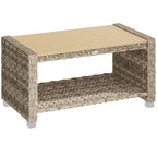 Light brown PE rattan outdoor coffee table with slatted top and open storage shelf