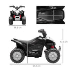 Black kids electric quad bike shown from front and side, with handlebars and wheels