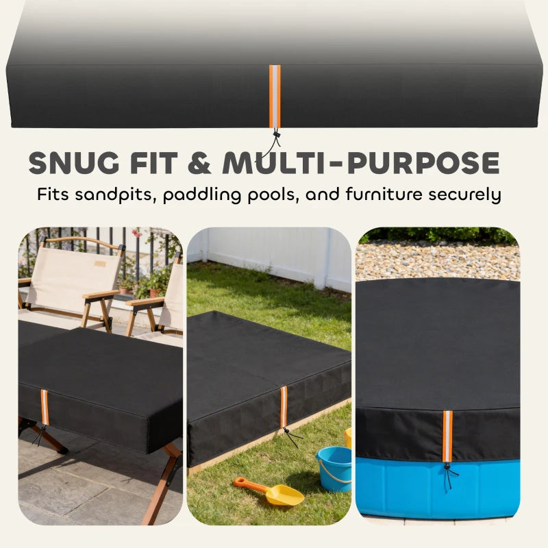 Black snug-fit sandbox cover with orange reflective strip and hanging drawstring