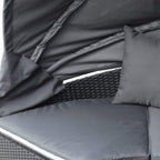 Gray seat cushion and canopy fabric with stitched edges for round outdoor daybed