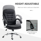 Black fabric height-adjustable office chair with padded seat and curved armrests