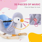 Gray plush penguin rocking toy with press button on belly and wooden rocker base