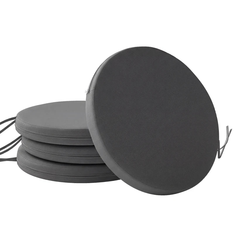 Set of 4 dark grey round outdoor chair seat cushions with ties, removable covers