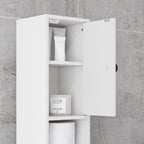 White slim bathroom cabinet door open, revealing interior shelves and stored items.
