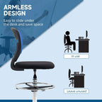 Armless swivel drafting chair with dark blue mesh back, black seat, chrome base and casters
