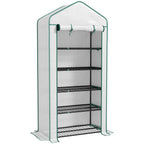 Mini greenhouse with white PE cover and black wire shelves, open front view
