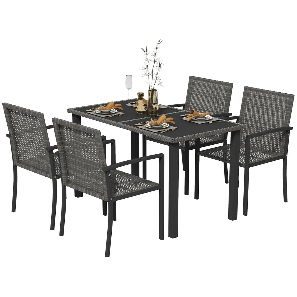 Outdoor Dining Set 5 Pieces Patio Conservatory with Tempered Glass Tabletop,4 Dining Chairs - Grey - Bobobiy