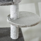Light grey plush circular cat perch on sisal scratching post