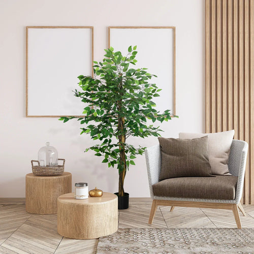 Green artificial ficus tree with slender trunk and dark pot