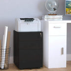 Black rolling filing cabinet with 3 drawers, key lock, and low-profile casters
