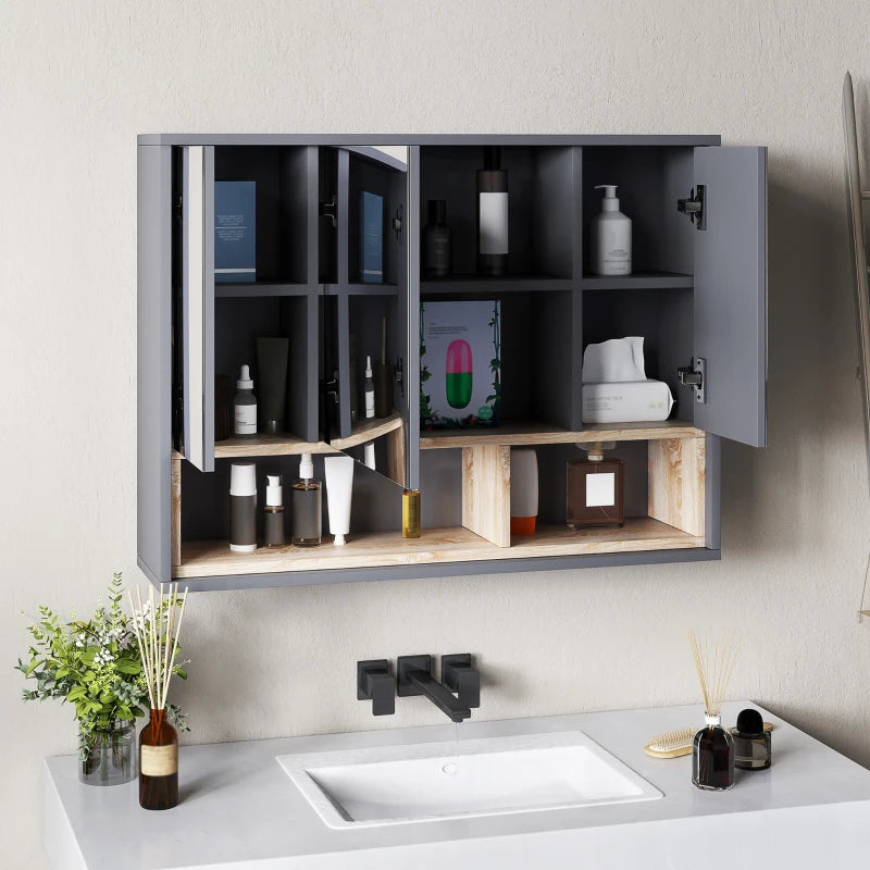 Opened grey mirror bathroom cabinet displaying multiple shelves and bottle-size compartments