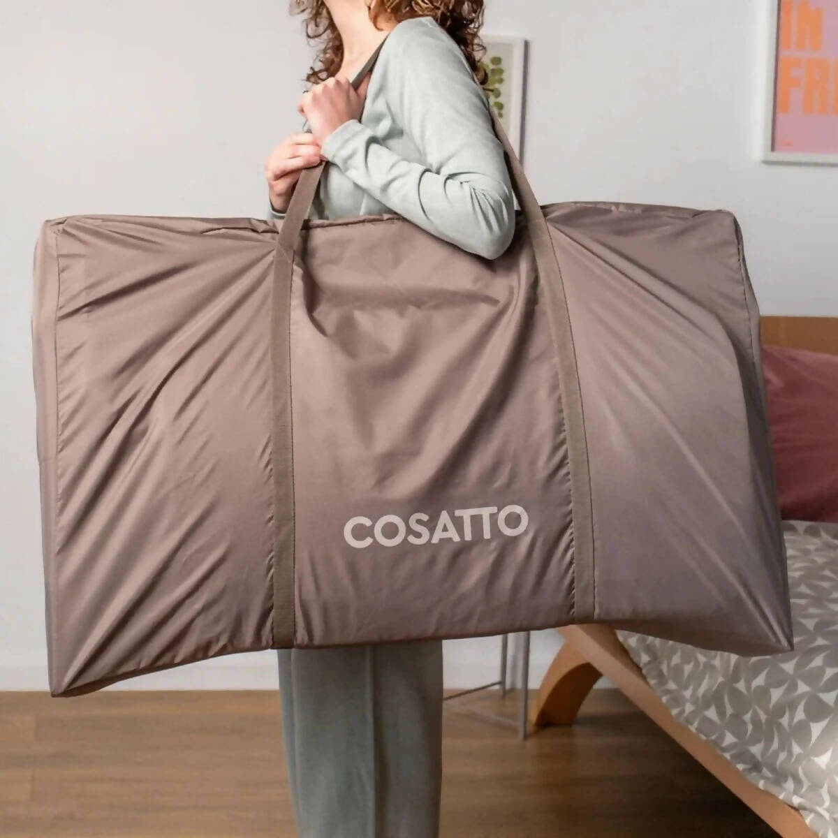 Cosatto folding bedside crib carry cover with large padded gray bag