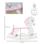 Pink and white kids rocking horse with curved rails, footrest, and handlebar