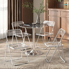 Clear folding chairs with transparent backrests and seats, steel legs in a dining setup
