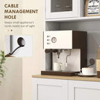 White kitchen storage cabinet with cable management hole and under-counter appliance shelf