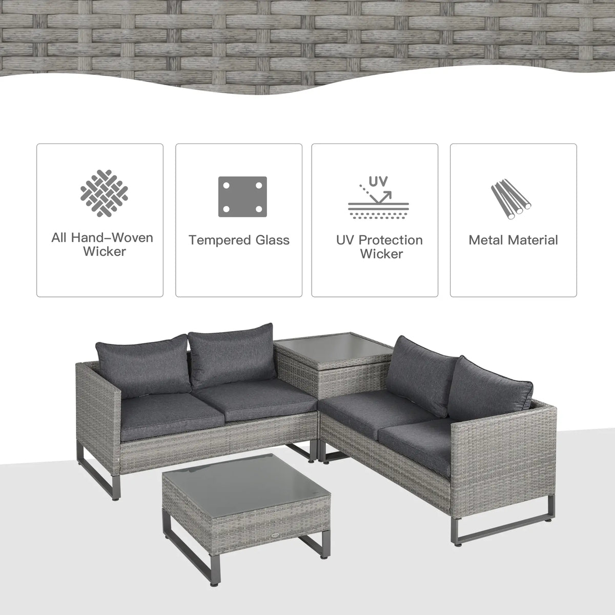 Grey rattan garden set with tempered glass tables and metal frames