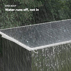 Apex metal shed roof panel with visible water runoff, dark grey