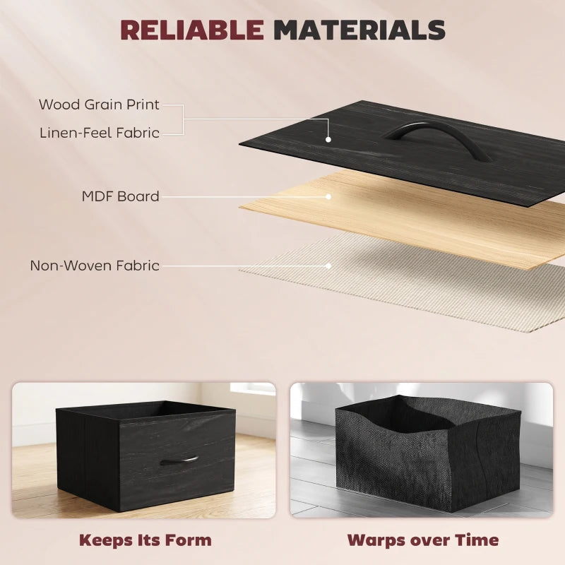 Black fabric drawers on MDF and non-woven fabric with wood-grain print top panel.