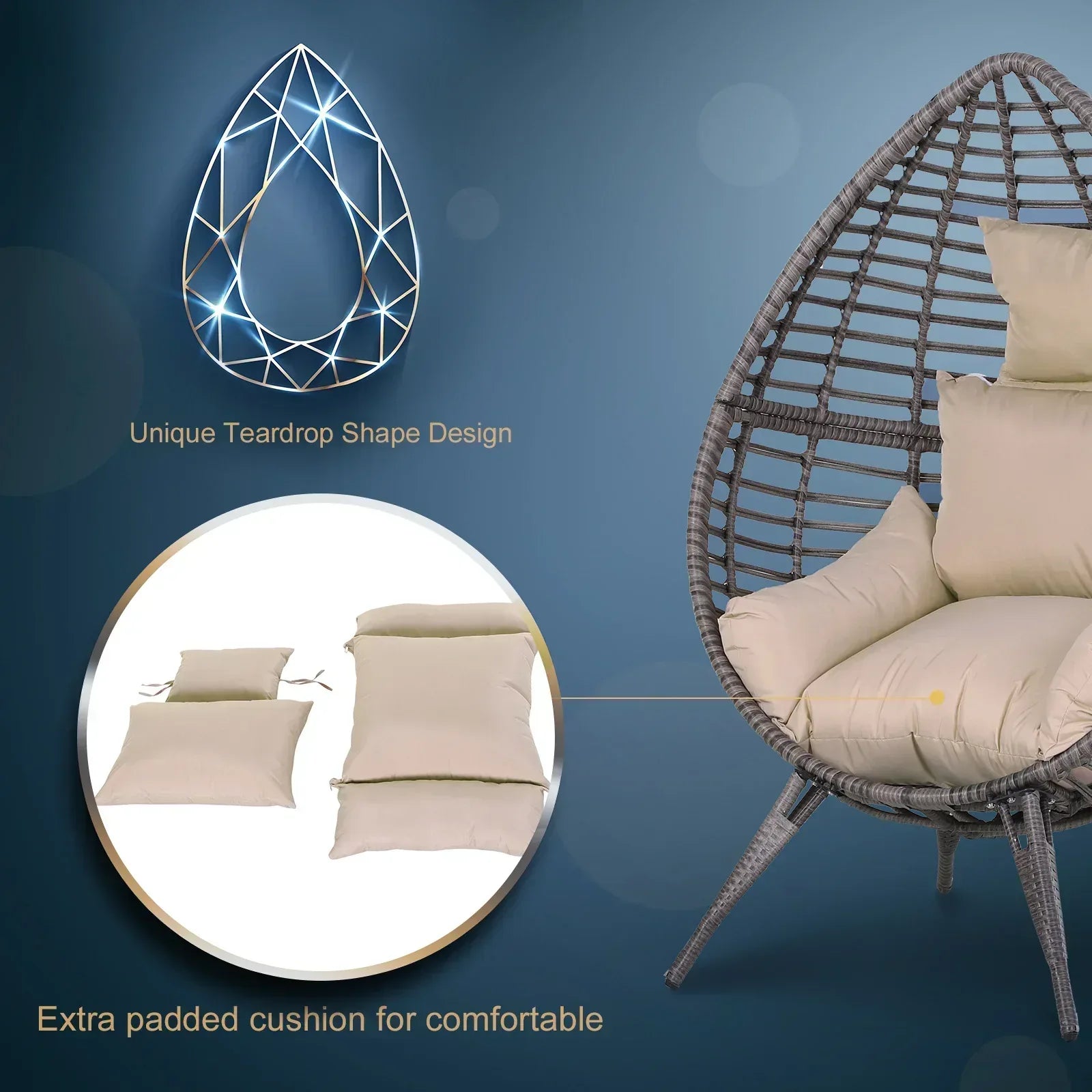 Garden Egg Chair, Teardrop Outdoor PE Rattan Chair with Full-body Soft Padded Cushion, Grey - Bobobiy