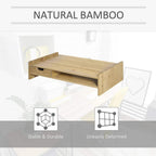 Natural bamboo monitor riser stand featuring drawer and raised desktop platform