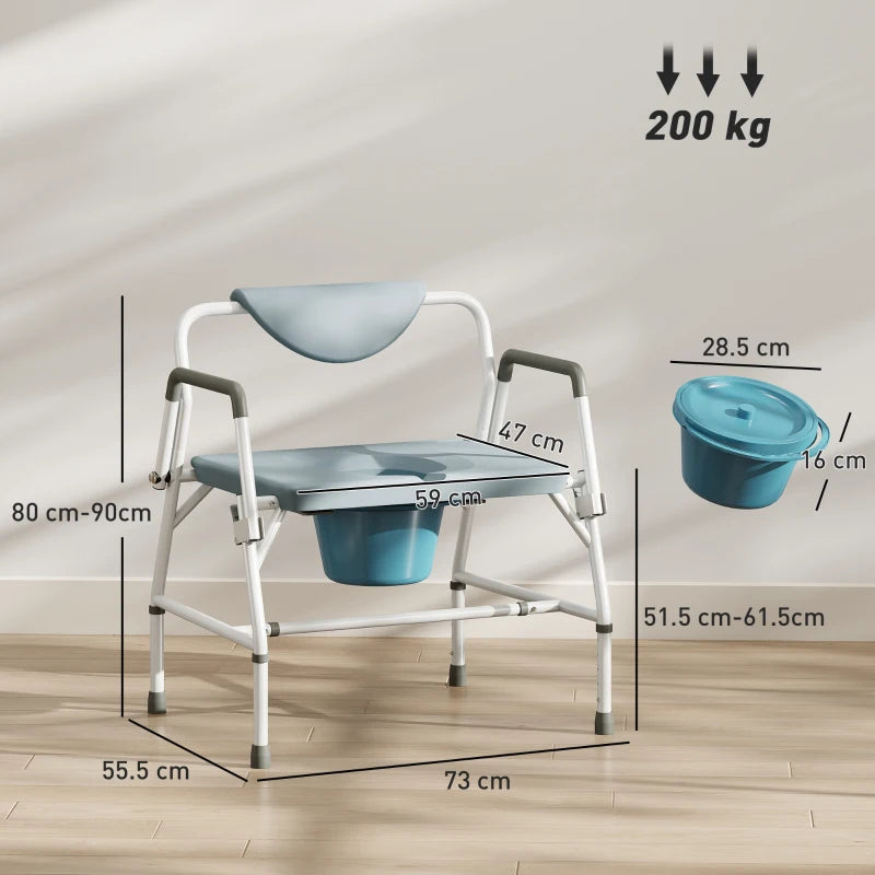 Height-adjustable commode toilet chair with blue bucket-style pan and flip-up armrests