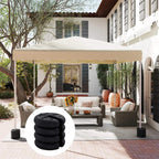 Black stacked tent leg weight plates shown in close-up inset for canopy stability