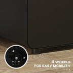 Black file cabinet with four caster wheels for easy mobility and sturdy base