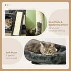 Black cat tree showing plush resting area and sisal scratching board on a tall post
