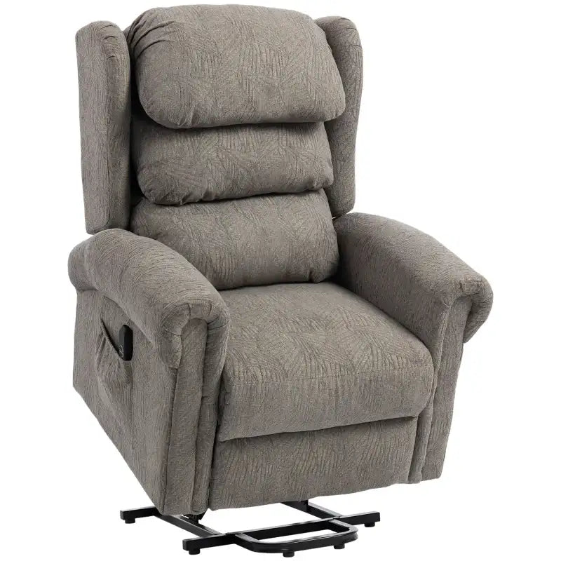 Dark grey power lift recliner chair with padded arms and headrest