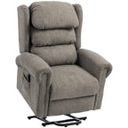 Dark grey power lift recliner chair with padded arms and headrest