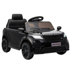 Black licensed Range Rover-style 12V ride-on electric car with open cockpit and headlights