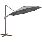 Dark grey cantilever patio umbrella with angled canopy and cross base stand