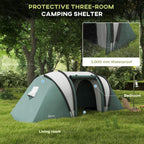 Dark green camping tent with three-room layout and front door entrance