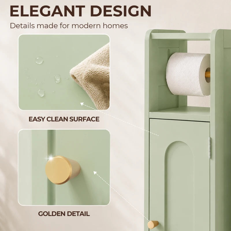 Light green bathroom cabinet with toilet roll holder, arched door, and gold-tone knob details