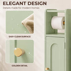 Light green bathroom cabinet with toilet roll holder, arched door, and gold-tone knob details