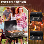 Black portable gas grill with open lid and folding legs; two burner control knobs