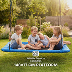 Blue nest swing set with four children sitting together outdoors on the platform