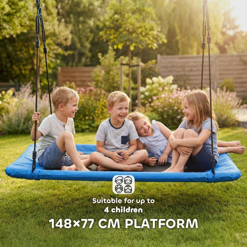 Blue nest swing set with four children sitting together outdoors on the platform