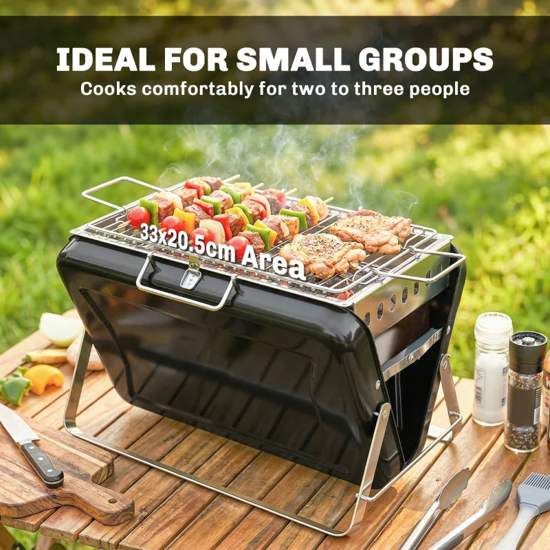 Portable charcoal grill with chrome grate, open lid, cooking area with assorted meat