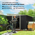 Black corrugated metal shed with wide double door opening for bike and storage