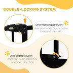 Black pet gate diagram showing latch and one-hand operation mechanism on the door ends